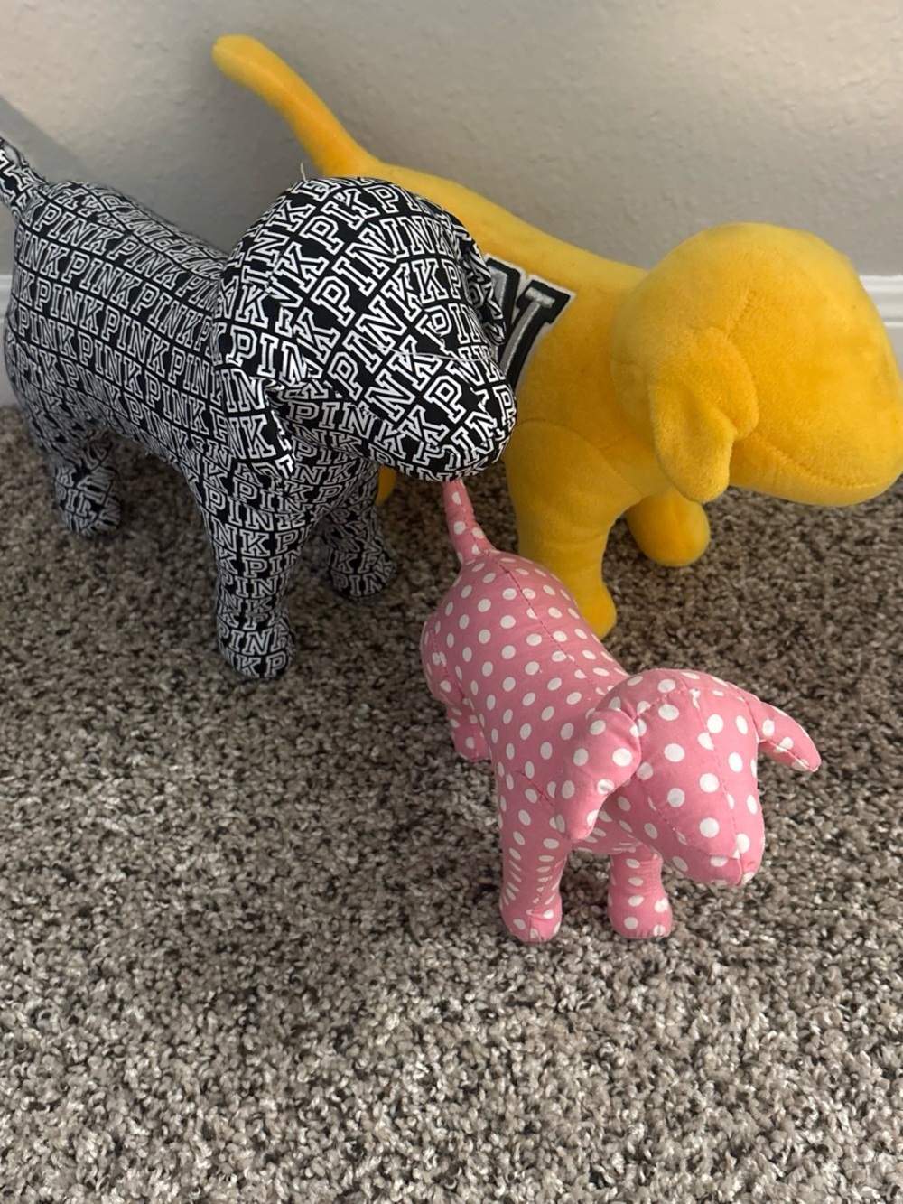 PINK Victoria's Secret Trio Plush Dog Set - Pink, Yellow, Black/White